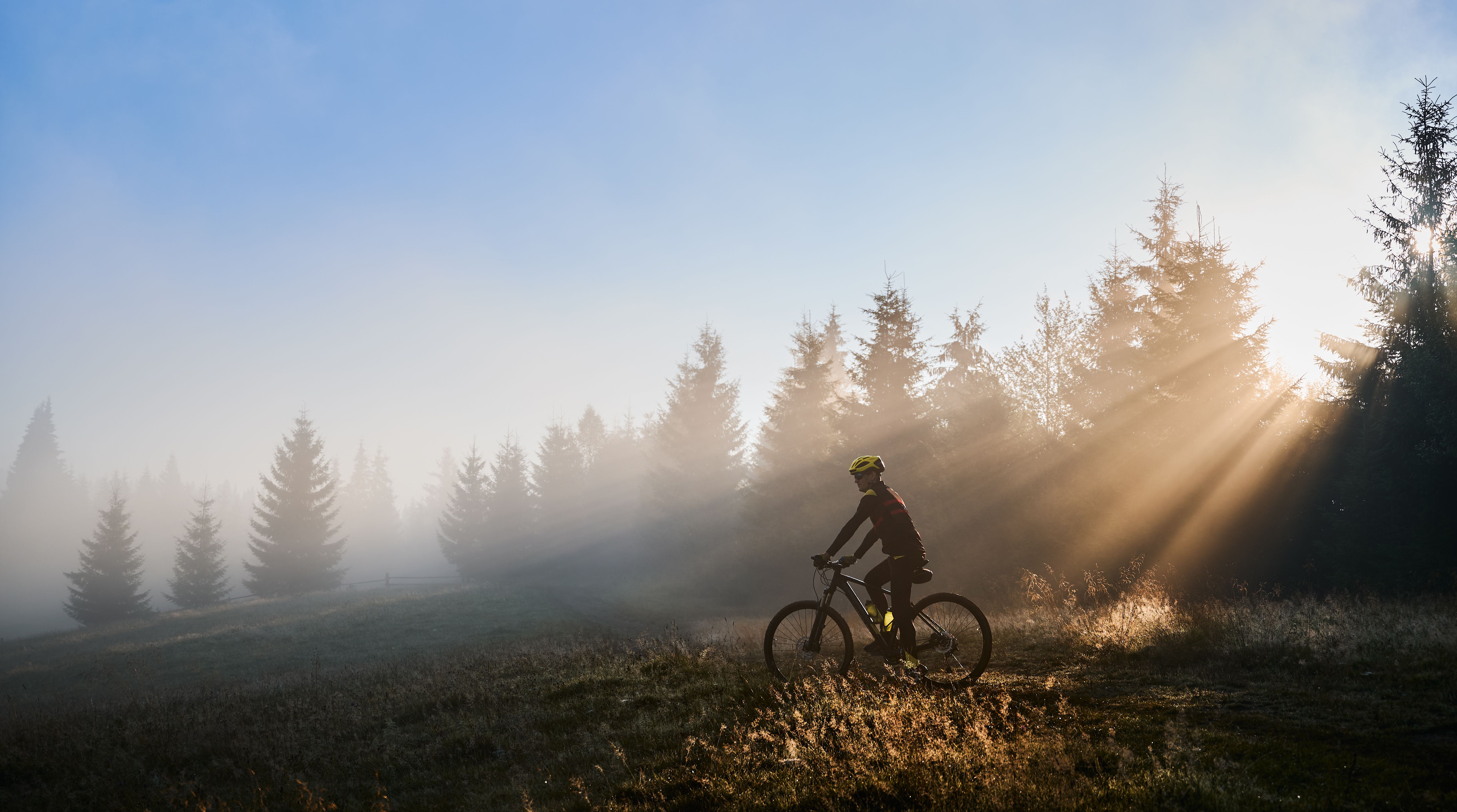 Male cyclist riding a bicycle at sunrise.